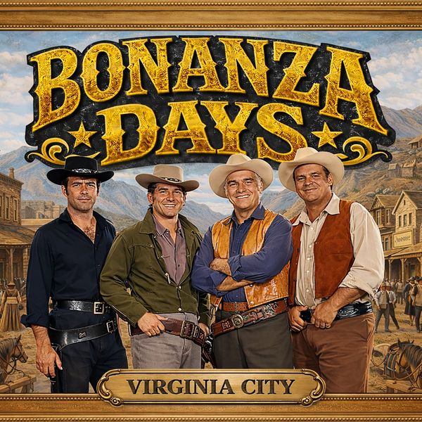 The Cartwrights confidently in a framed poster for Bonanza Days in Virginia City.