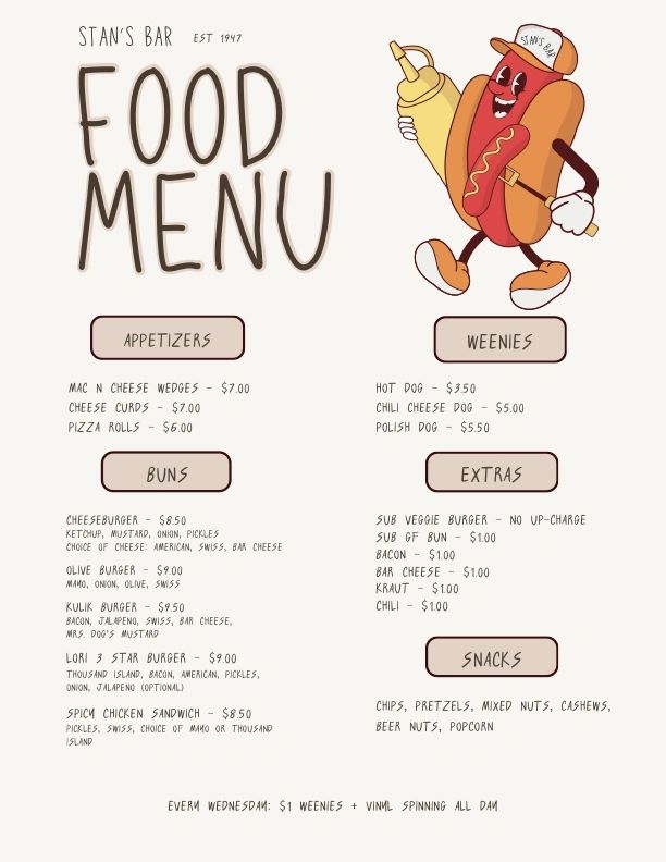 Stan's Bar food menu illustration with hot dog mascot.