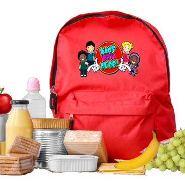 kids eat free back pack bag with food items