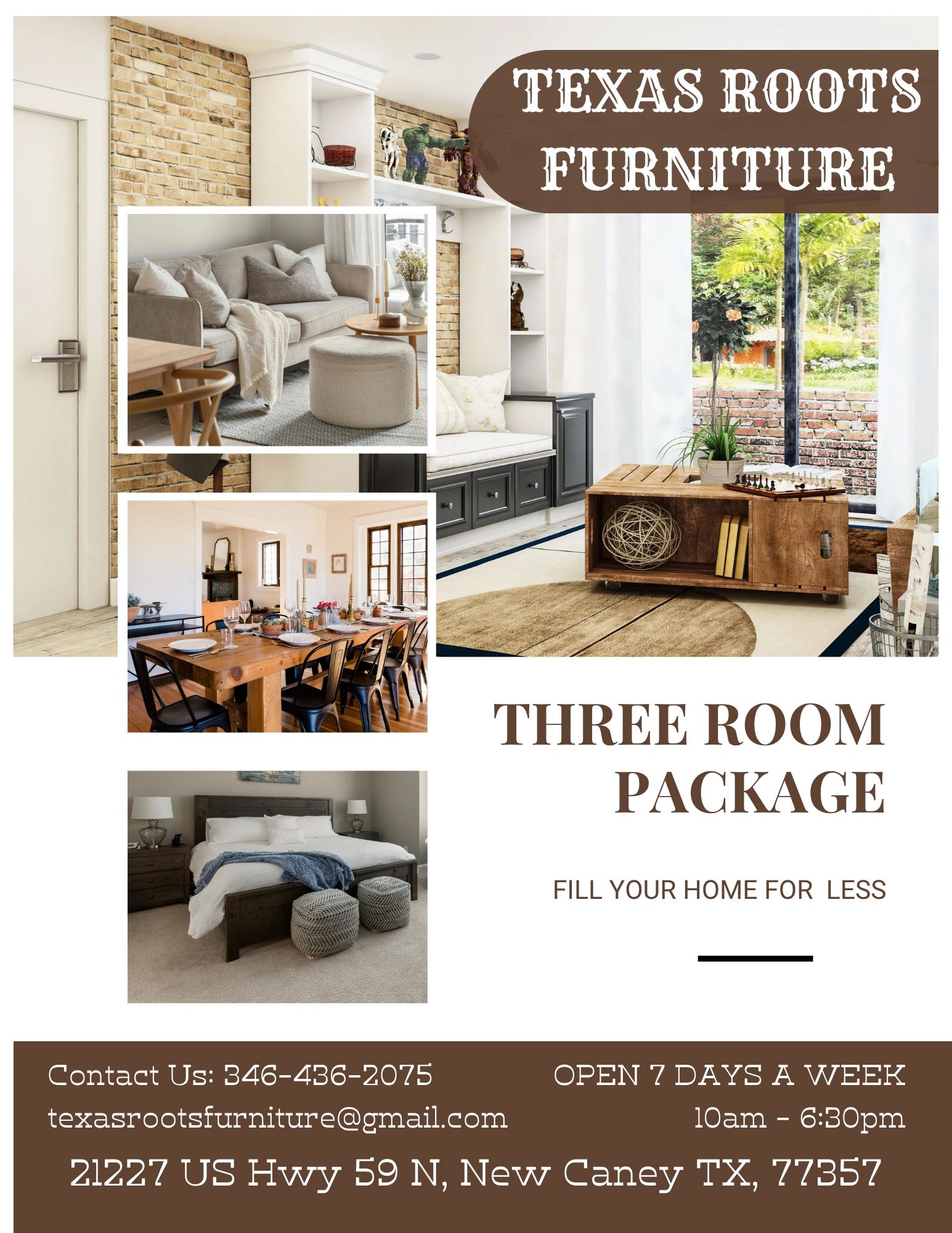 Advertisement for Texas Roots Furniture three-room package.