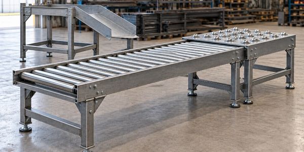 Illustrative roller conveyor, ball-transfer table and fabricated guide chute.