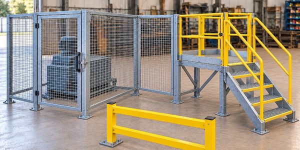 Illustrative mesh machine enclosure, access stairs and protective steel barrier.