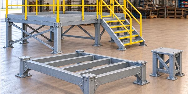 Illustrative raised equipment platform, braced machine frame and support pedestal.