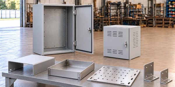 Illustrative metal enclosures, folded covers, trays, mounting panels and brackets.