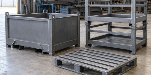 Illustrative steel production bin, stackable stillages and metal pallet in a workshop.