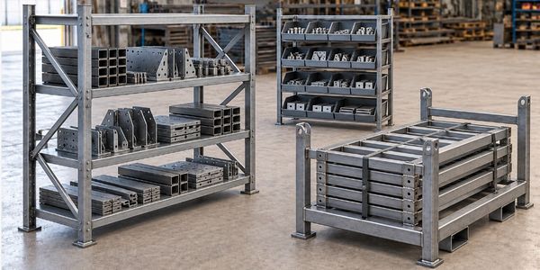 Illustrative component storage rack, kitting trays and loaded dispatch stillage.