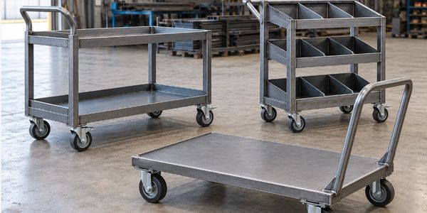 Illustrative platform trolley, two-shelf cart and divided component carrier.