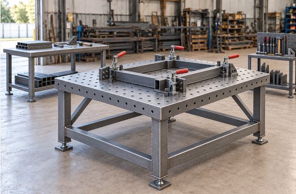 Illustrative welding table with locating blocks and clamps holding a steel frame.