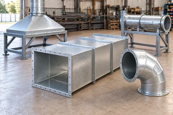 Illustrative rectangular duct, circular elbow, extraction hood and duct support frame.
