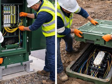 Two technicians working on electrical wiring and underground cable boxes outdoors.