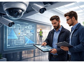 Two engineers analyzing security camera footage and building plans on a digital tablet.