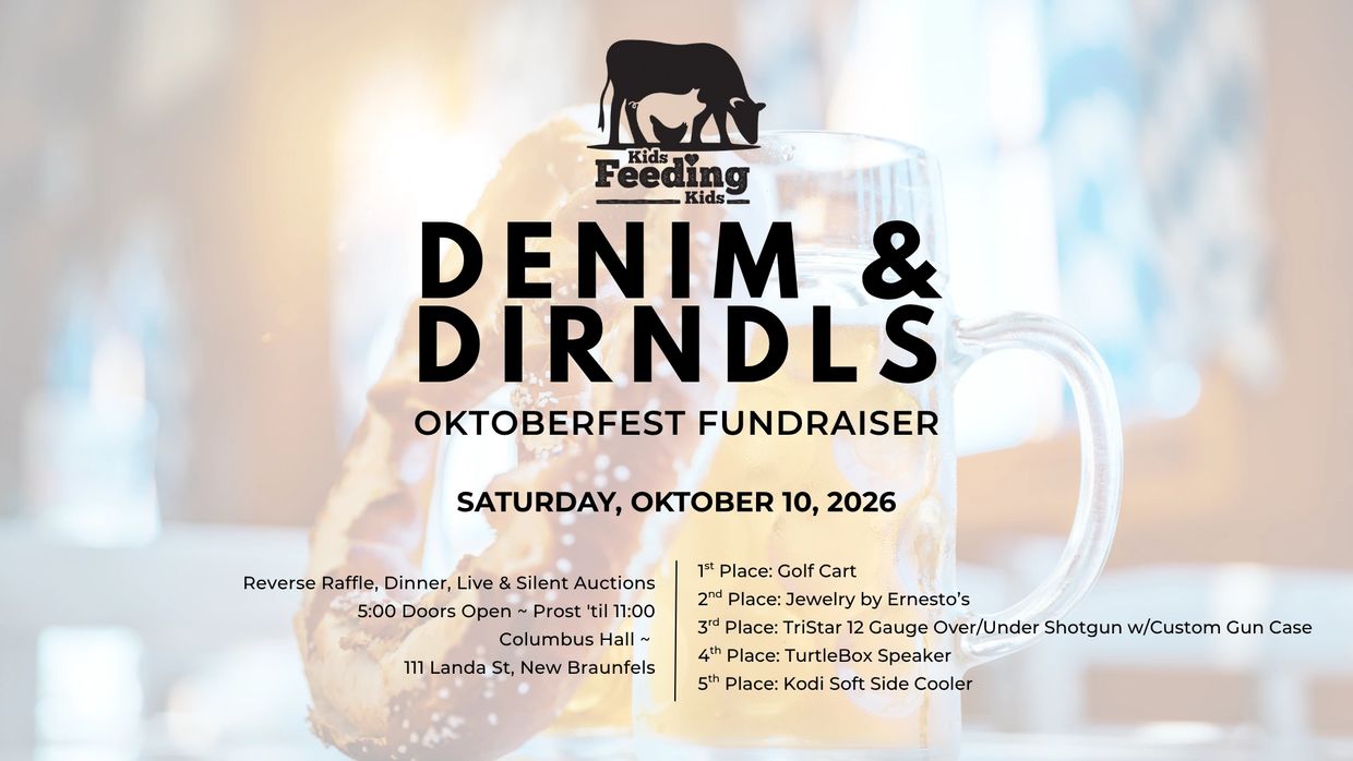 Oktoberfest fundraiser event titled Denim &amp; Dirndls for Kids Feeding Kids on October 10, 2026.