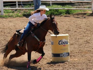 A young rider in a white hat barrels around a rodeo barrel on a brown horse.