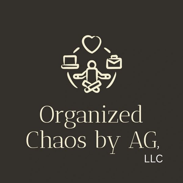 Logo for Organized Chaos by AG, LLC featuring icons of laptop, heart, and briefcase.