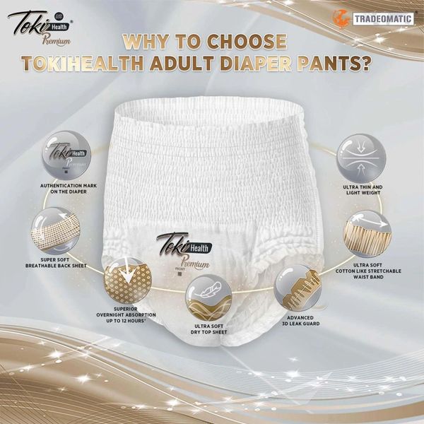 TokiHealth adult diaper pants with superior absorption, softness, and advanced leak guard features.