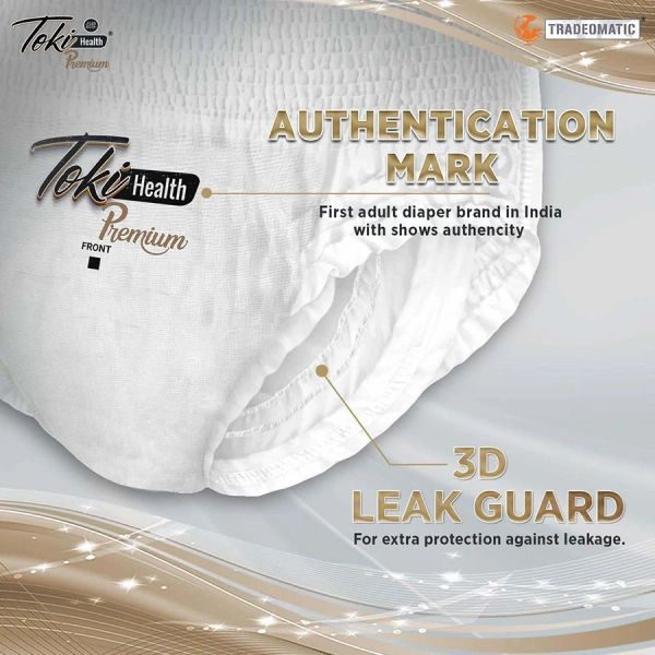 Teki Health Premium adult diaper with authentication mark and 3D leak guard for protection.