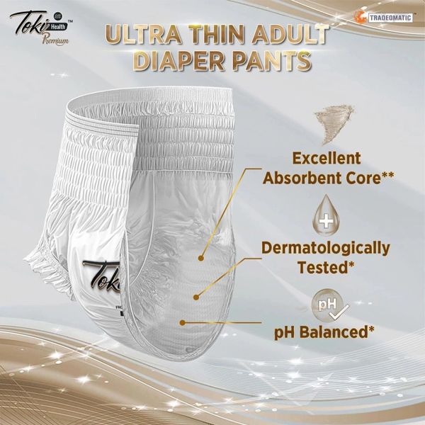 Ultra-thin adult diaper pants with excellent absorbent core and pH balanced design.
