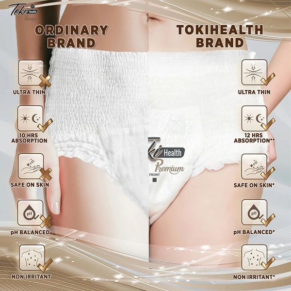 Comparison of ordinary vs. TokiHealth brand underwear highlighting absorption and skin safety.