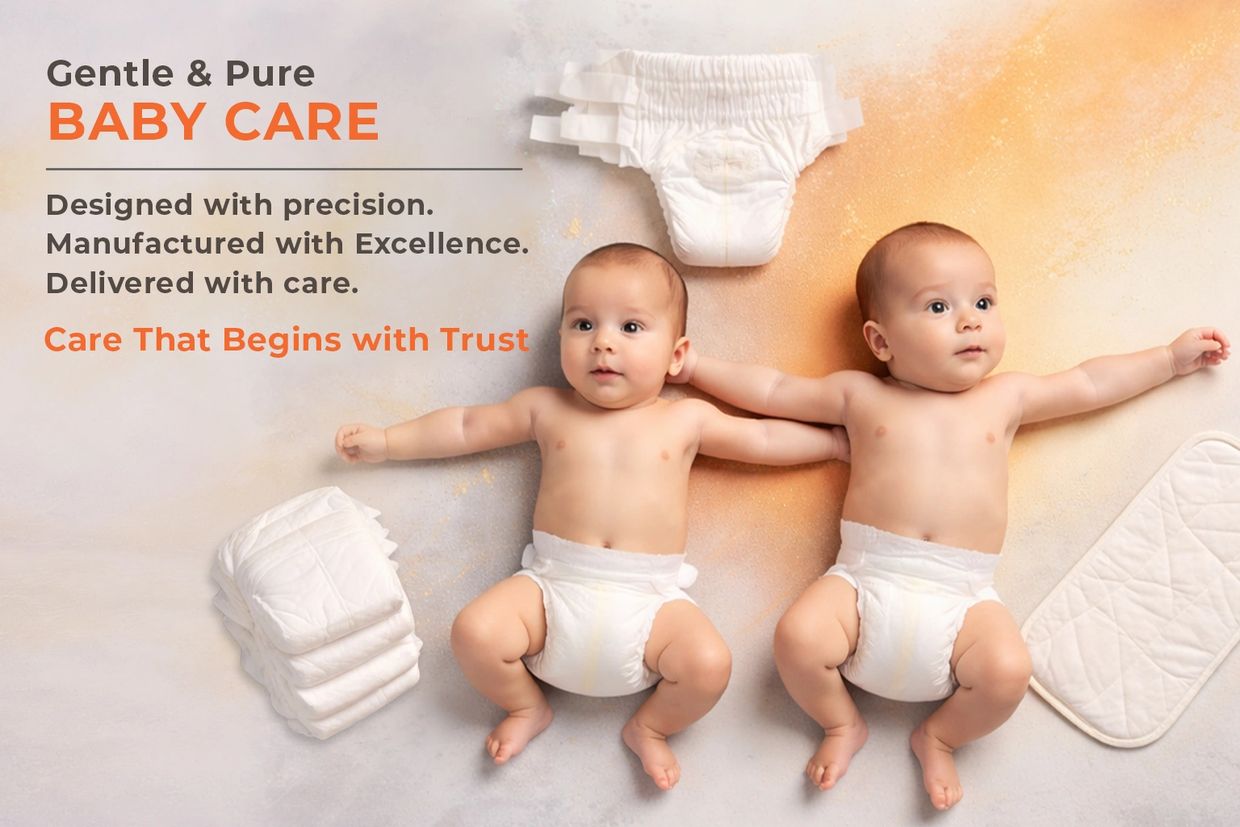 Two babies in diapers laying next to baby care products and promotional text.