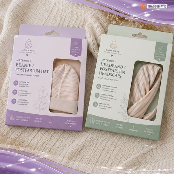 Maternity beanie and headband postpartum hats in packaging.