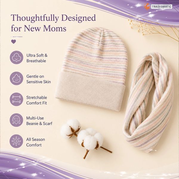 Beanie and scarf set designed for new moms.
