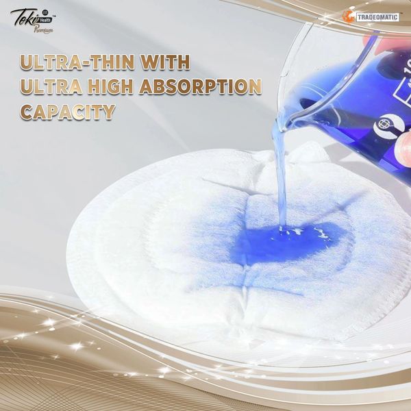 Ultra-thin pad with high absorption capacity shown by blue liquid pouring.