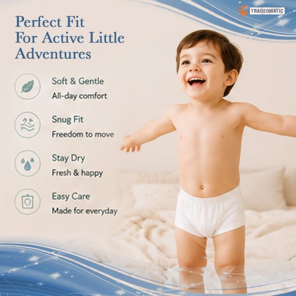 Happy toddler in white underwear promoting comfort and fit.