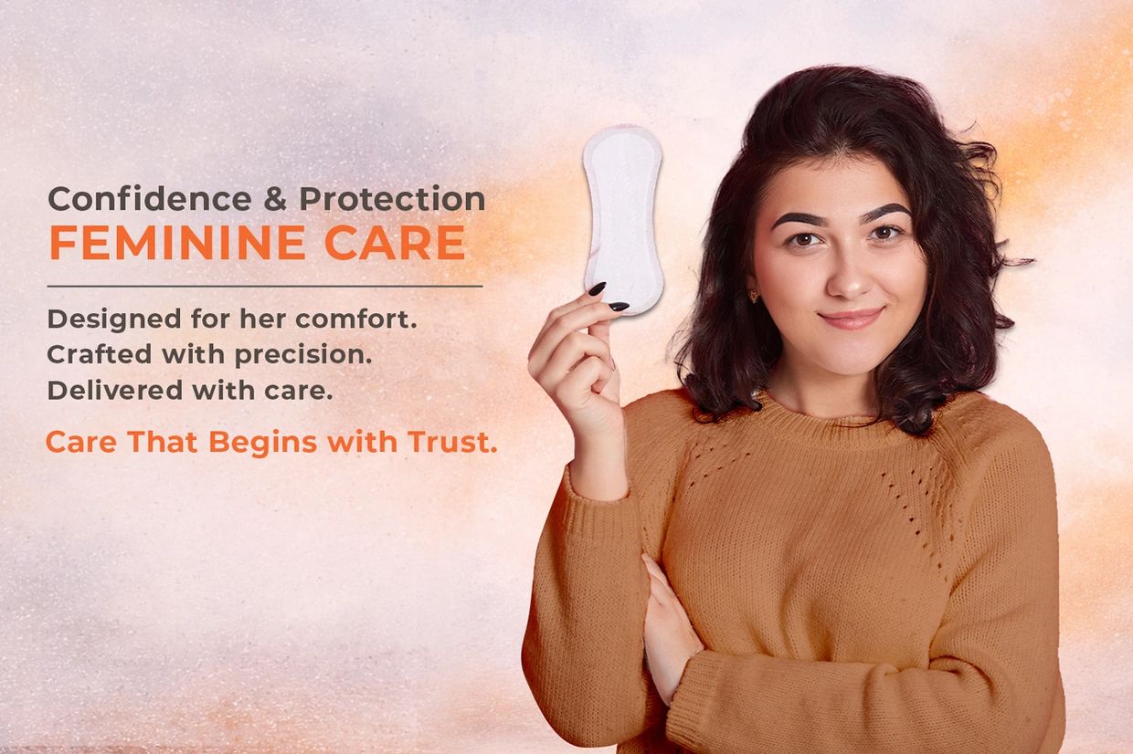 Woman holding a sanitary pad promoting feminine care with confidence and protection.