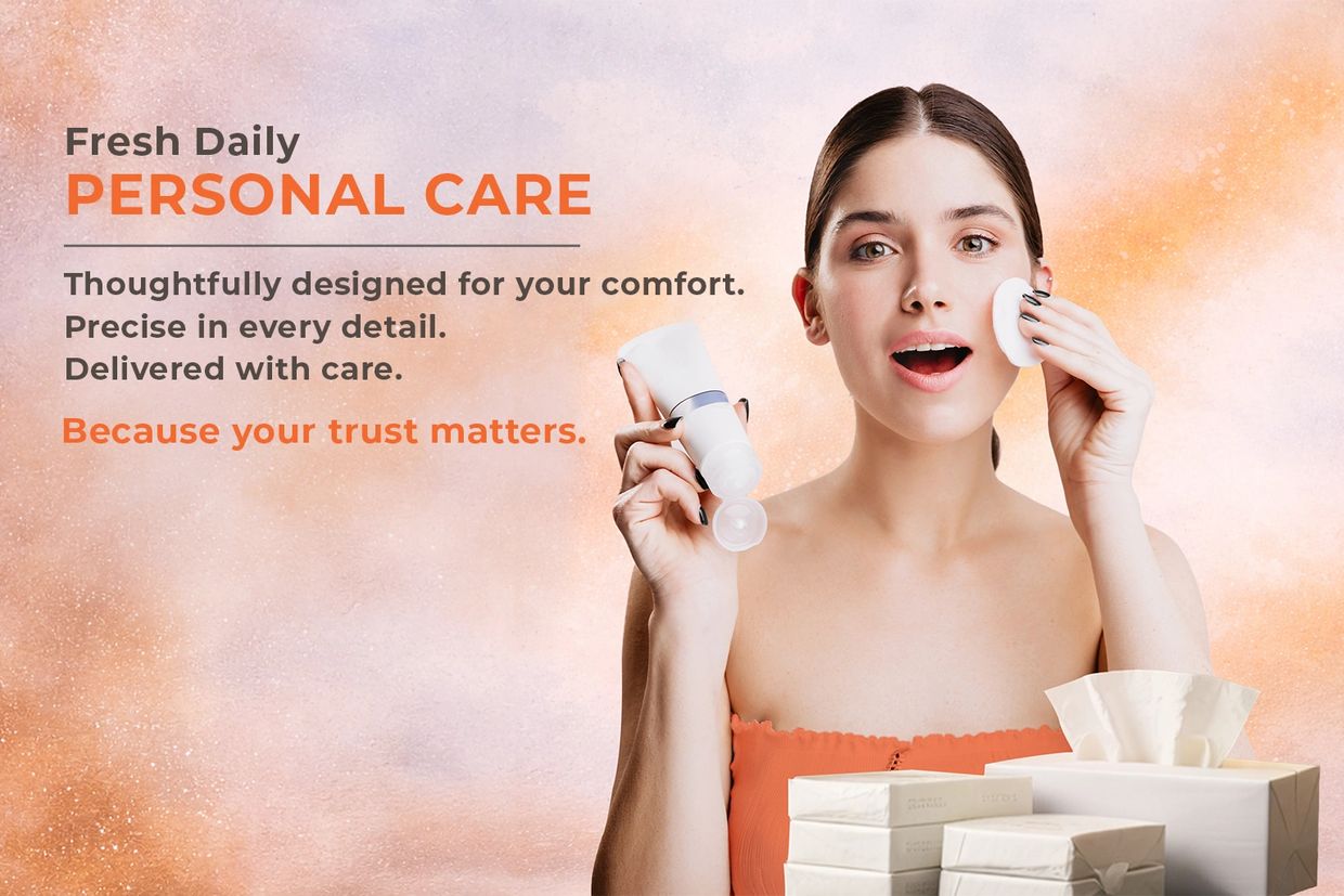 Woman demonstrating fresh daily personal care with products.
