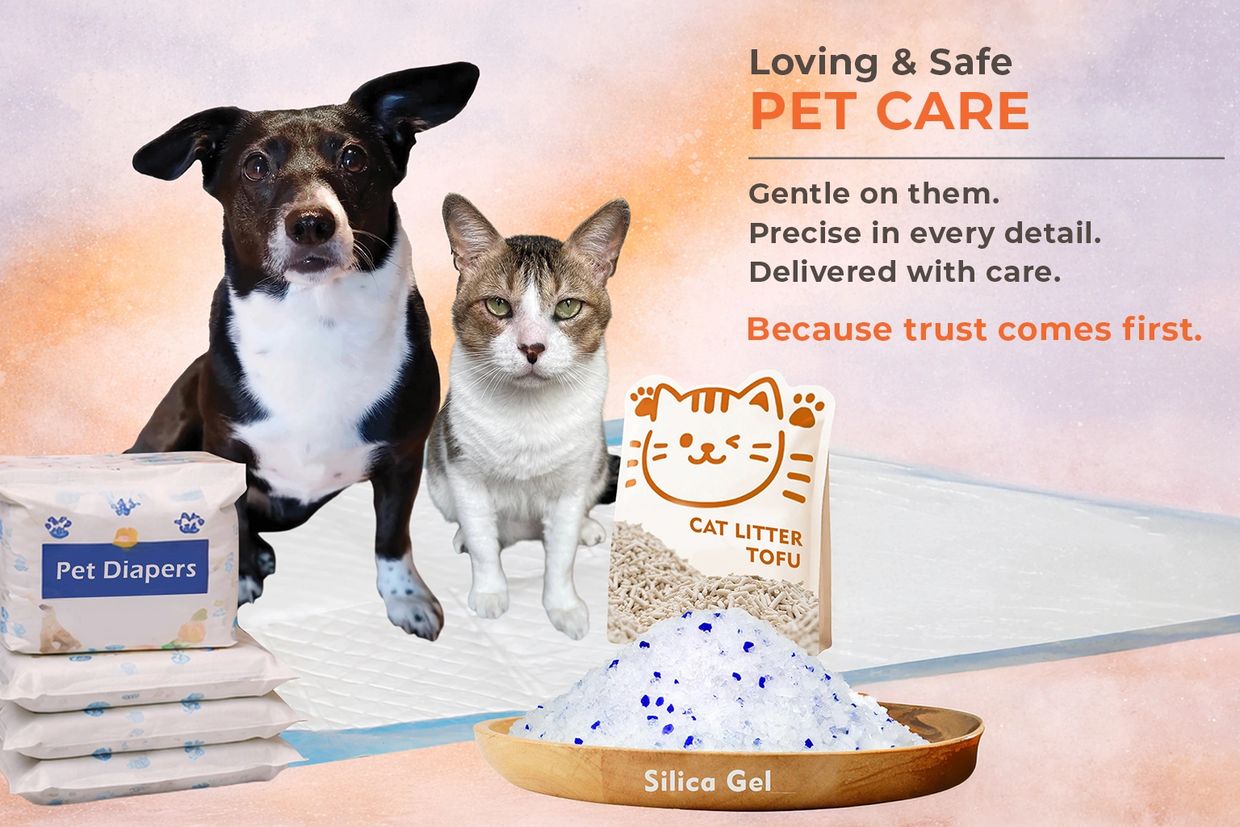 Dog and cat with pet care products including diapers, cat litter, and silica gel.