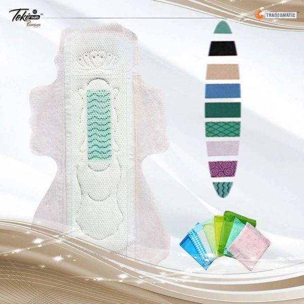 A sanitary pad with color-coded absorption zones and various colorful packaging options.