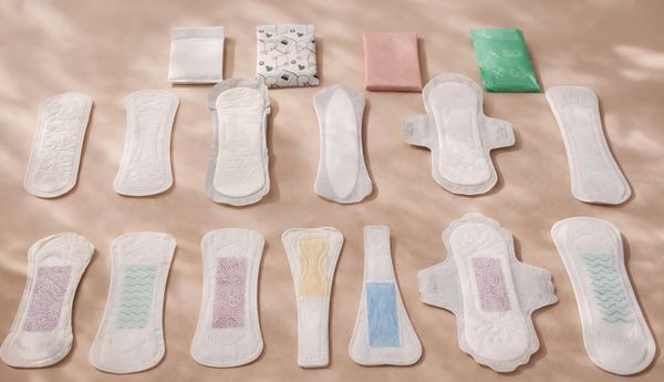Different types of sanitary pads and their packaging arranged on a beige surface.