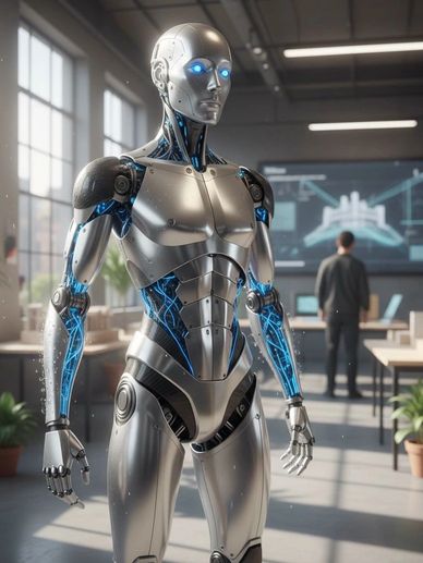 Futuristic humanoid robot with glowing blue circuits in a modern office.