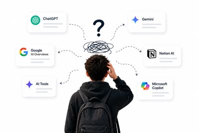 A person confusedly choosing between various AI platforms and tools.