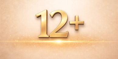 Golden "12+" rating on a glowing background.