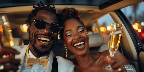 Husband an wife out on the night in the back of a limousine