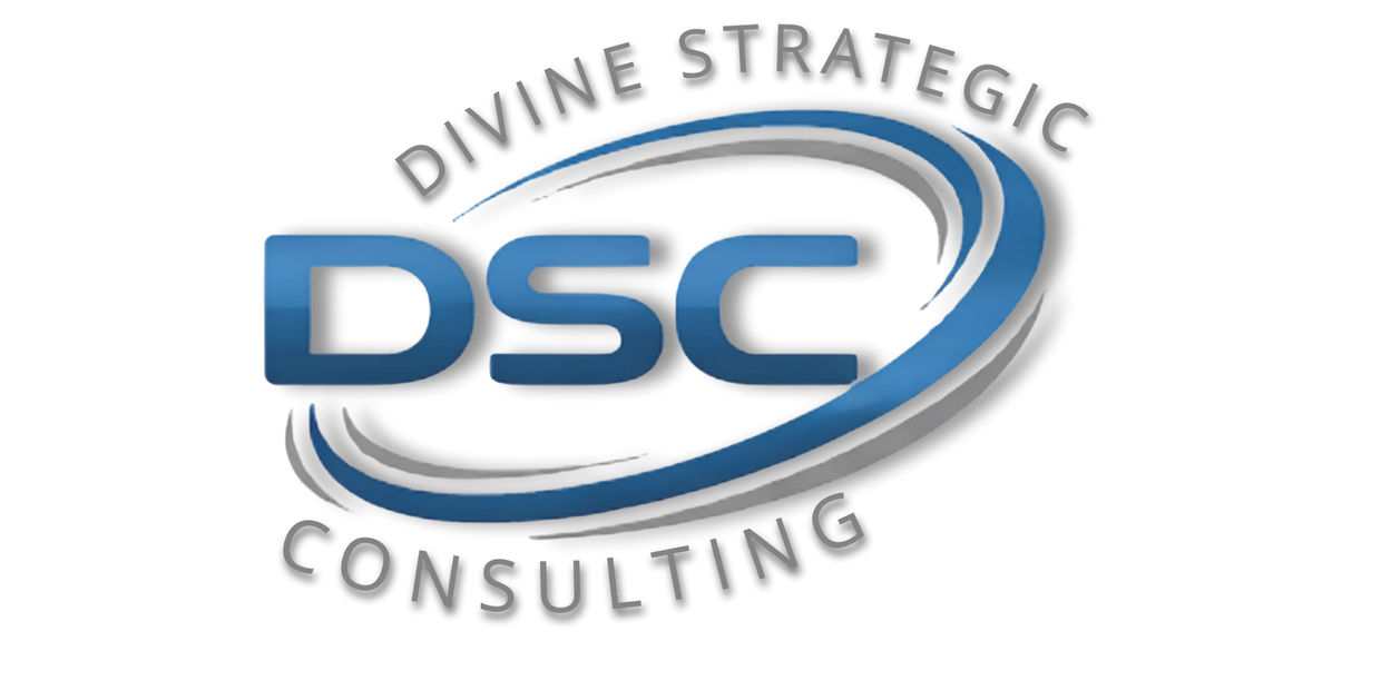 Logo of Divine Strategic Consulting with blue and gray swooshes around DSC.