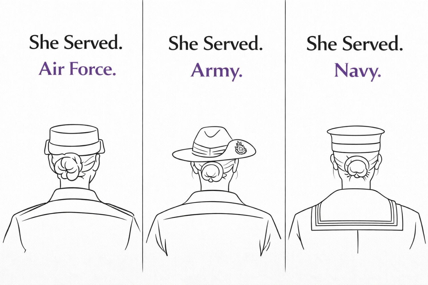 A minimalist three-panel illustration representing women who served across the Australian Defence Force. Each panel shows the back of a female figure in uniform. The left panel reads “She Served. Air Force.” and shows an aviator-style uniform and cap. The centre panel reads “She Served. Army.” with a slouch hat and service dress. The right panel reads “She Served. Navy.” with a sailor’s cap and naval uniform. The design is monochrome with the service names highlighted in purple, symbolising recognition of women across Air Force, Army, and Navy.