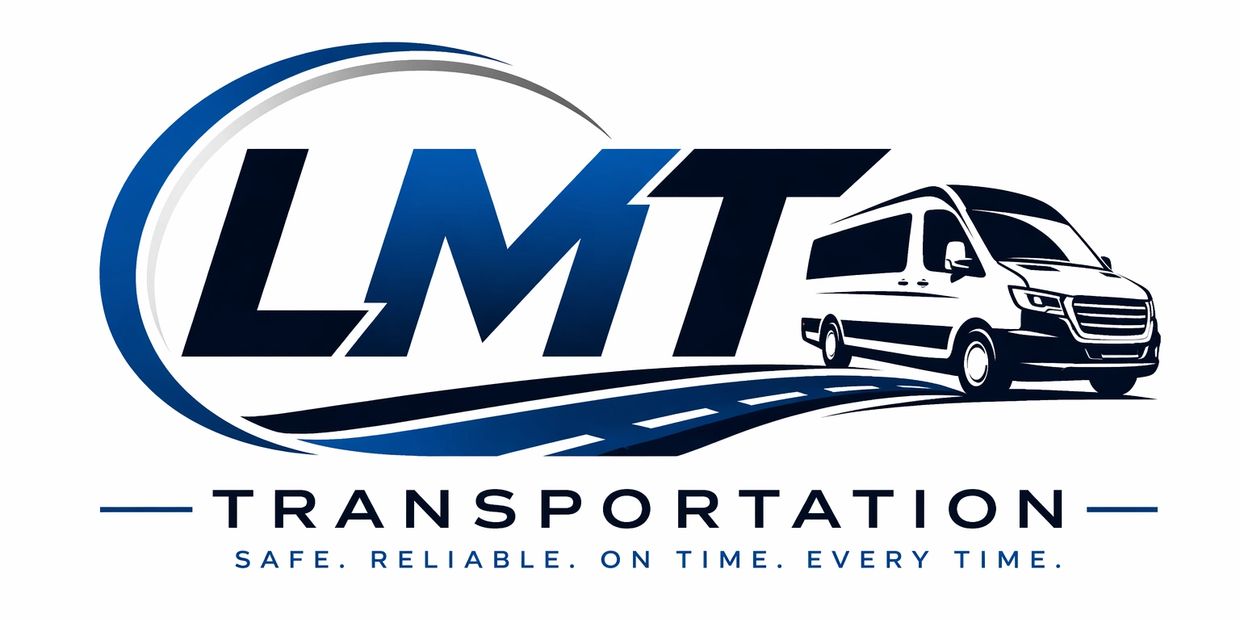 LMT Transportation logo with a modern van and road design.