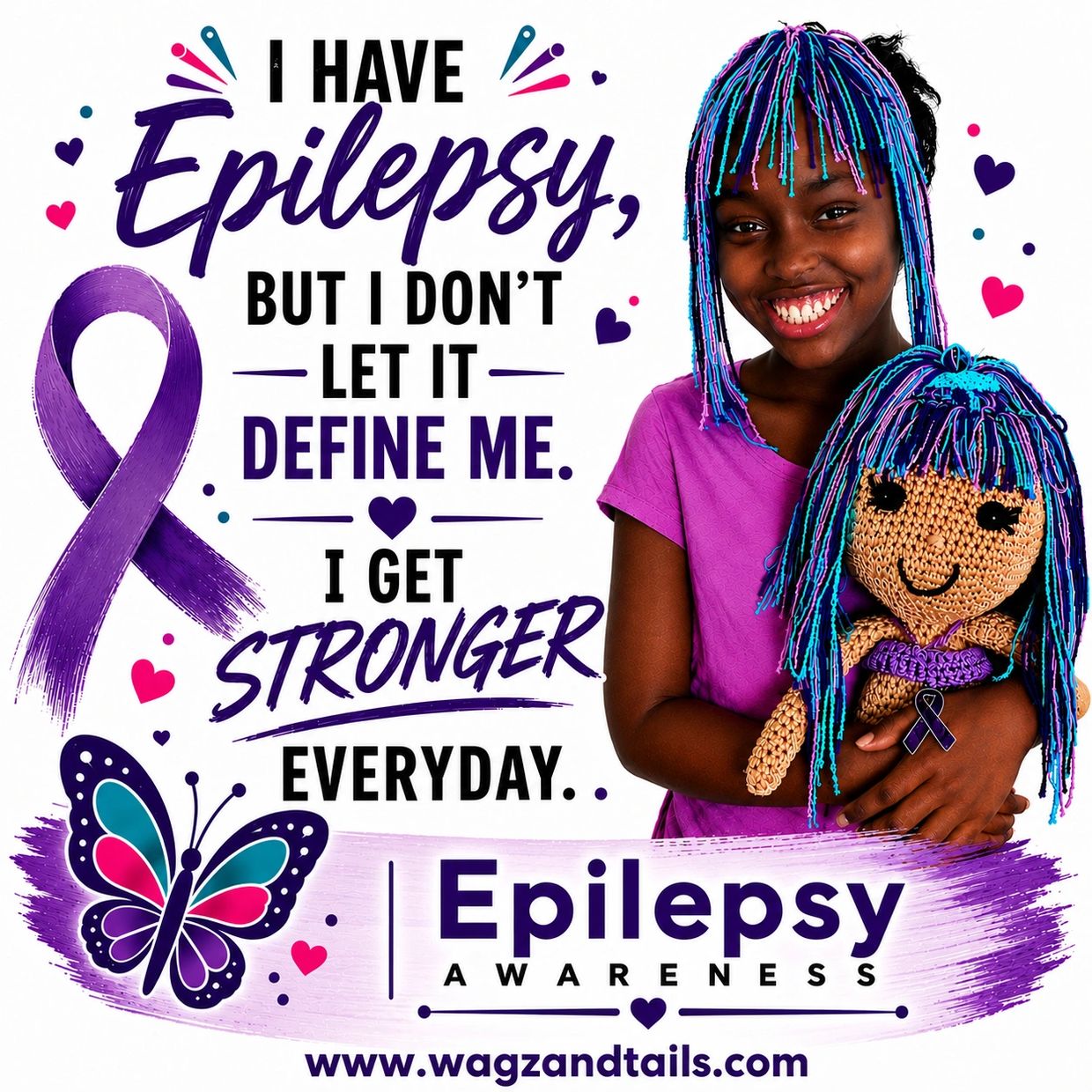 A smiling girl with colorful hair holds a matching doll, promoting epilepsy awareness and strength.