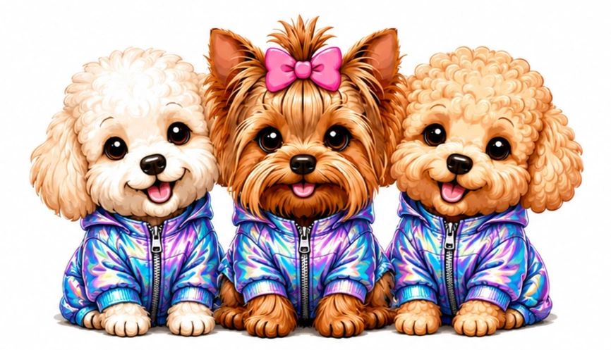 Three cute dogs in shiny jackets.