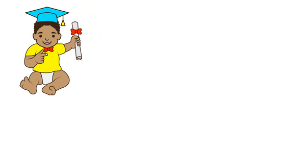 Happy baby in a graduation cap holding a diploma.