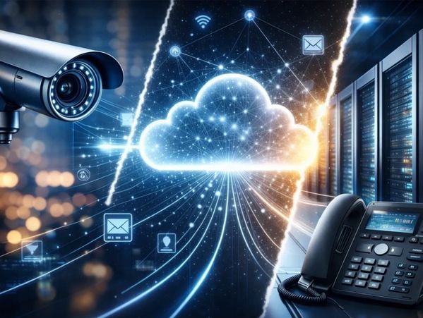 Cloud computing connects security camera and office phone to data servers.