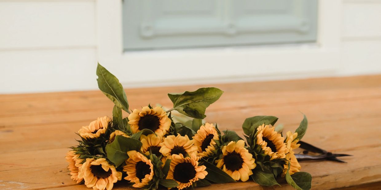 soft yellow sunflowers laying on wooden porch under blue door