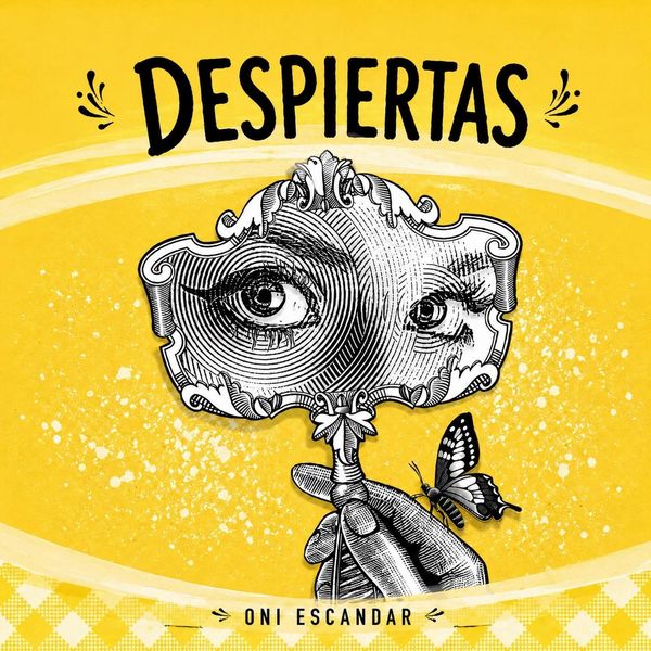 Portada con un espejo y ojos, y mariposa sobre fondo amarillo.