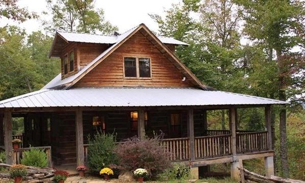 A two-story cabin in the woods