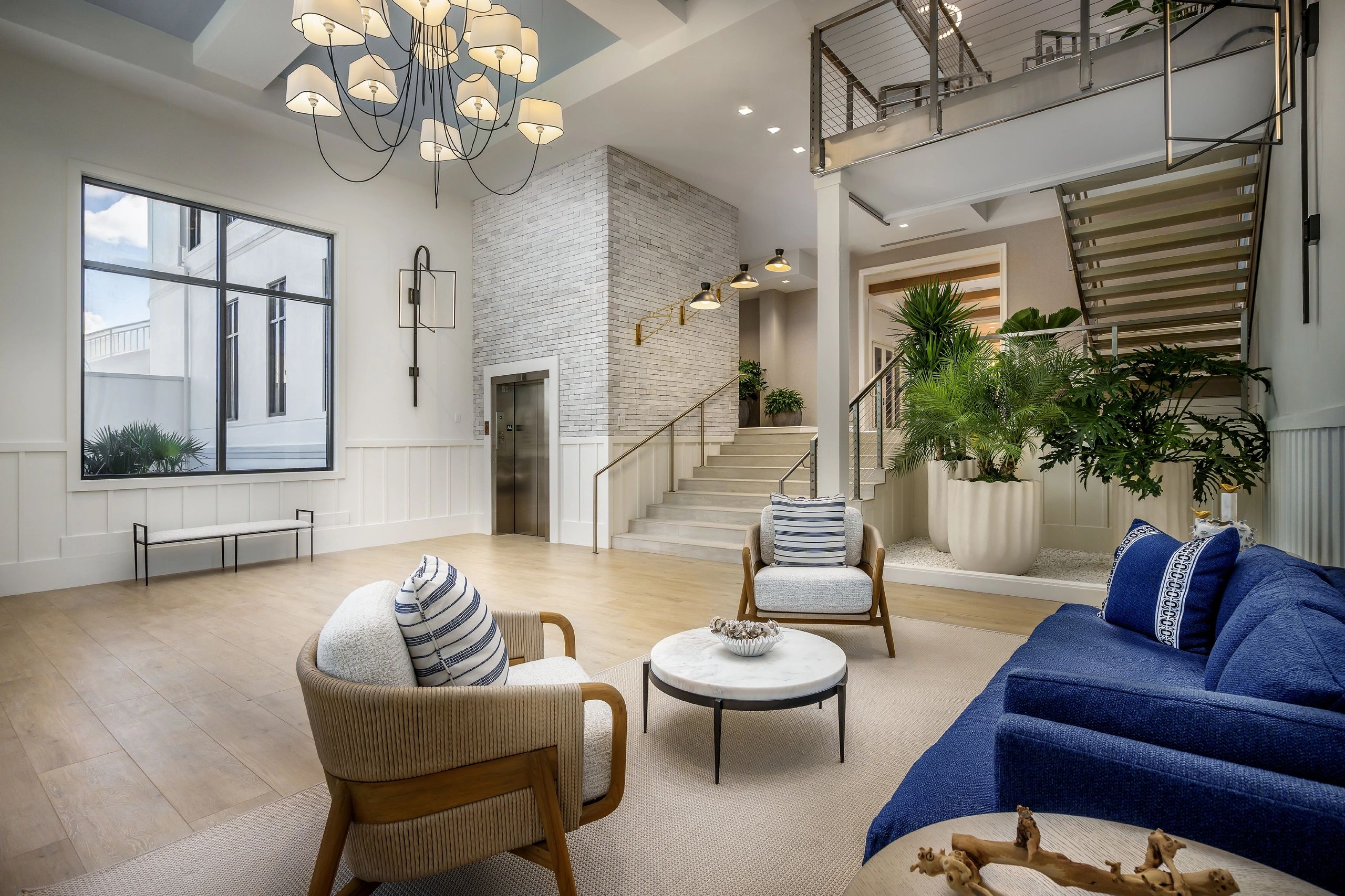 Bright, modern living space with blue sofa, wooden chairs, and indoor plants.