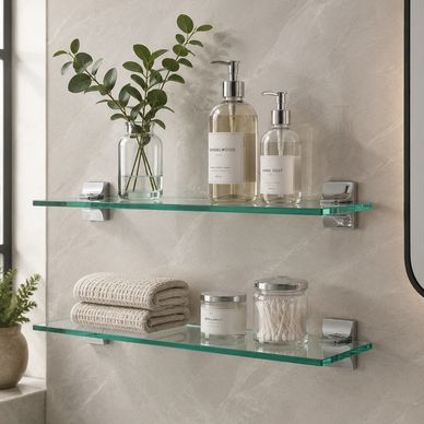 Two glass shelves with bathroom essentials and decorative plants.
