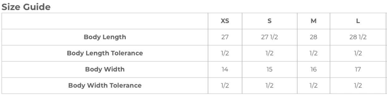 Size guide for XS to L with body length and width measurements.