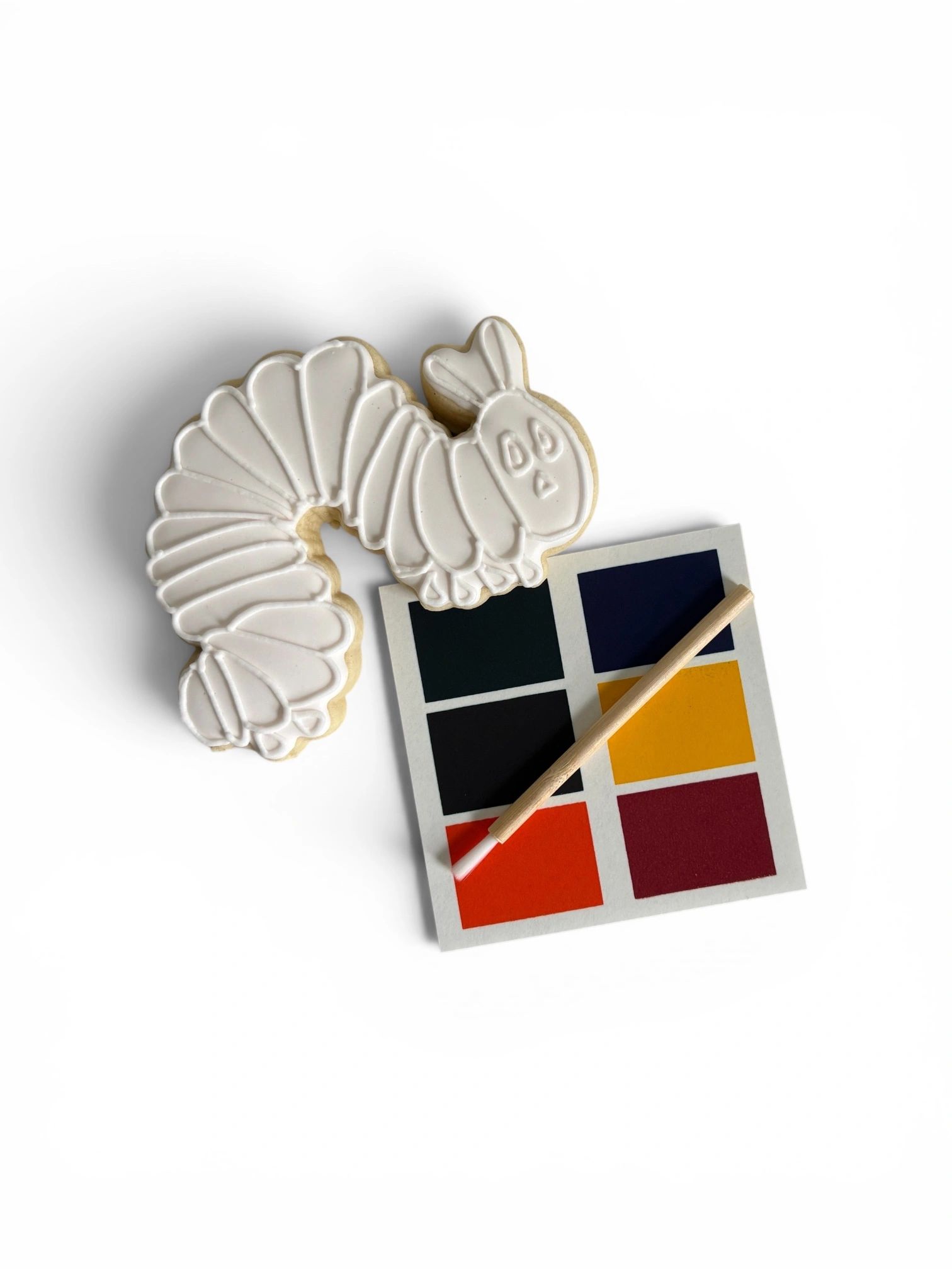 Caterpillar-shaped cookie with color palette and stick.